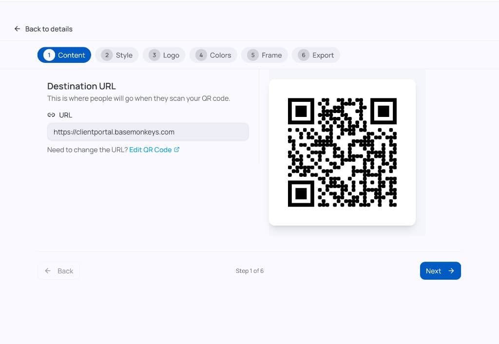 Design Studio Content step: destination URL field and live QR preview (step 1 of 6)