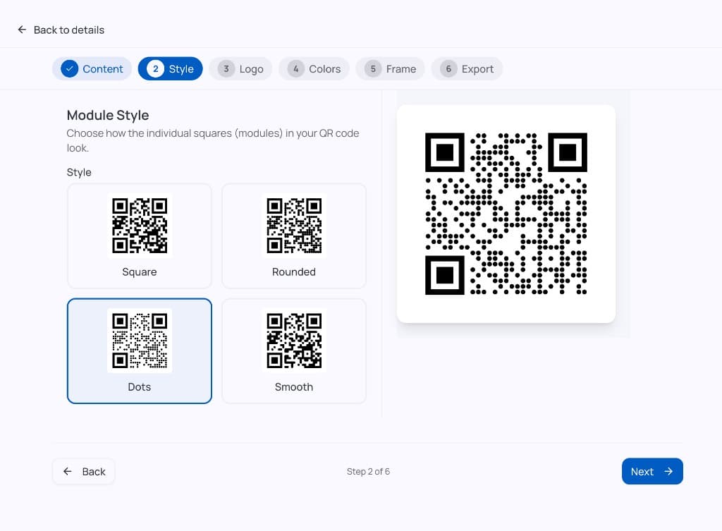 Design Studio Style step: module shape options and live QR preview