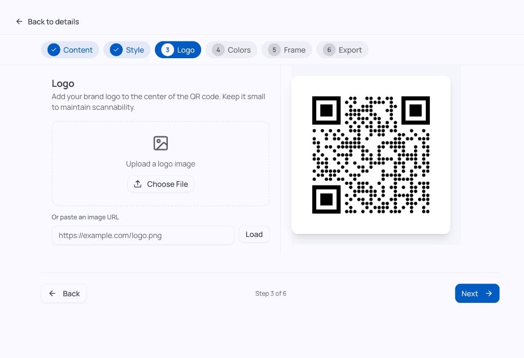 Design Studio Logo step: upload or URL field beside QR preview