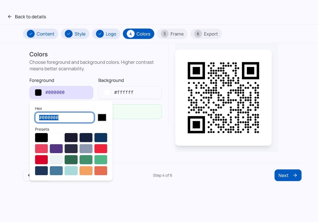 Design Studio Colors step: foreground and background pickers with QR preview