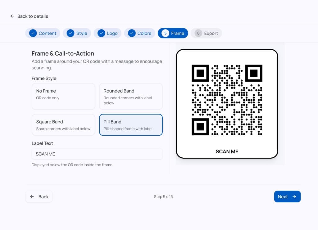 Design Studio Frame step: frame styles and label text with framed QR preview