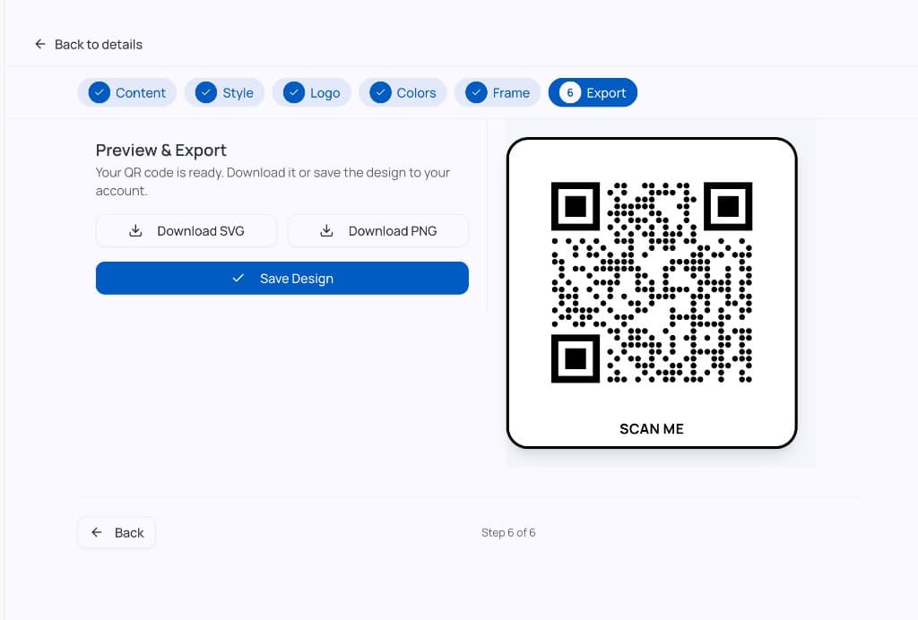 Design Studio Export step: download buttons and final QR preview